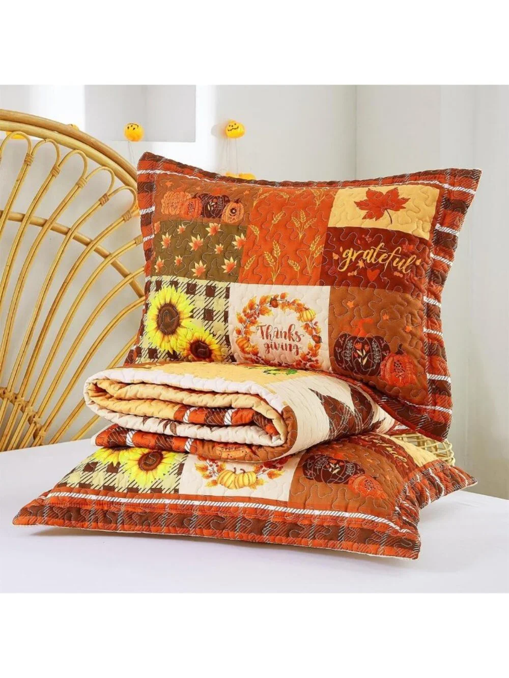 Thanksgiving Pumpkin Quilt King Size Bedspread, Cozy Patchwork Bedding Set